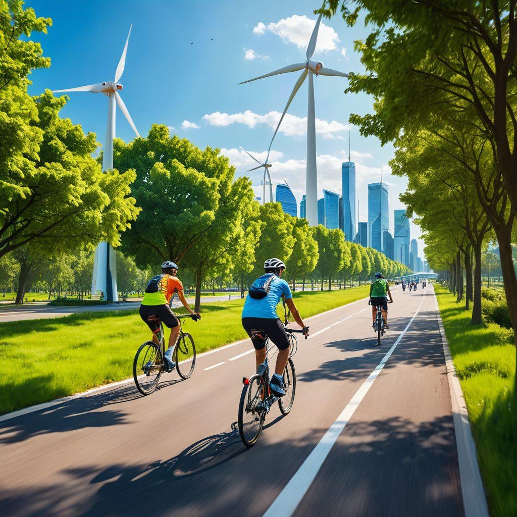 A futuristic city with sleek high-speed bikes zipping through lush green parks and bike lanes, showcasing eco-friendly designs. The skyline features solar panels and wind turbines, with diverse cyclists of all ages and ethnicities enjoying the ride. Bright blue skies and vibrant green trees create a lively atmosphere, emphasizing sustainability and innovation in transportation. digital art. vibrant colors. urban landscape.