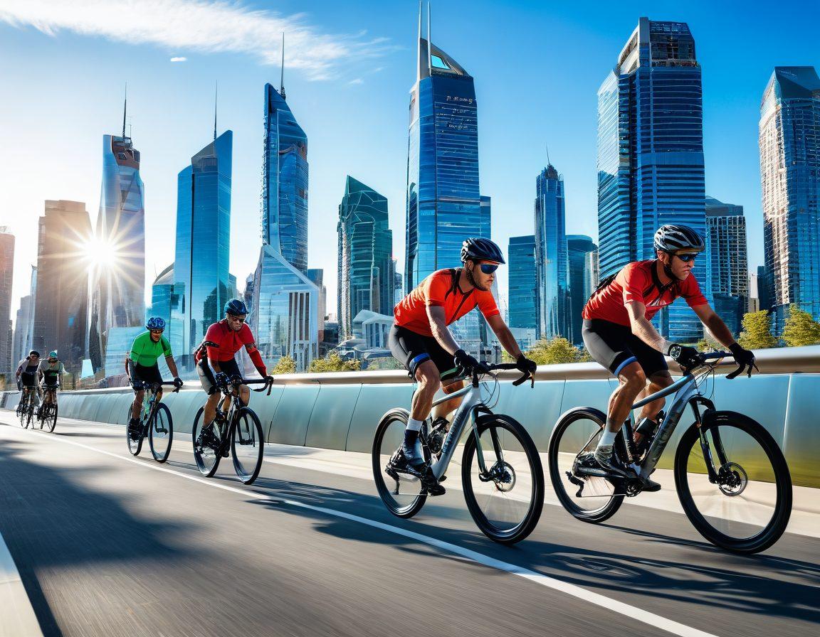 A dynamic scene showcasing a diverse group of cyclists riding high-performance electric bikes and extreme mountain bikes through a futuristic cityscape. Elements of speed and innovation, with sleek bike designs and advanced technology features highlighted. Incorporate vibrant energy trails to emphasize motion and excitement. The background features a sleek, modern city skyline under a clear blue sky. super-realistic. vibrant colors. futuristic theme.
