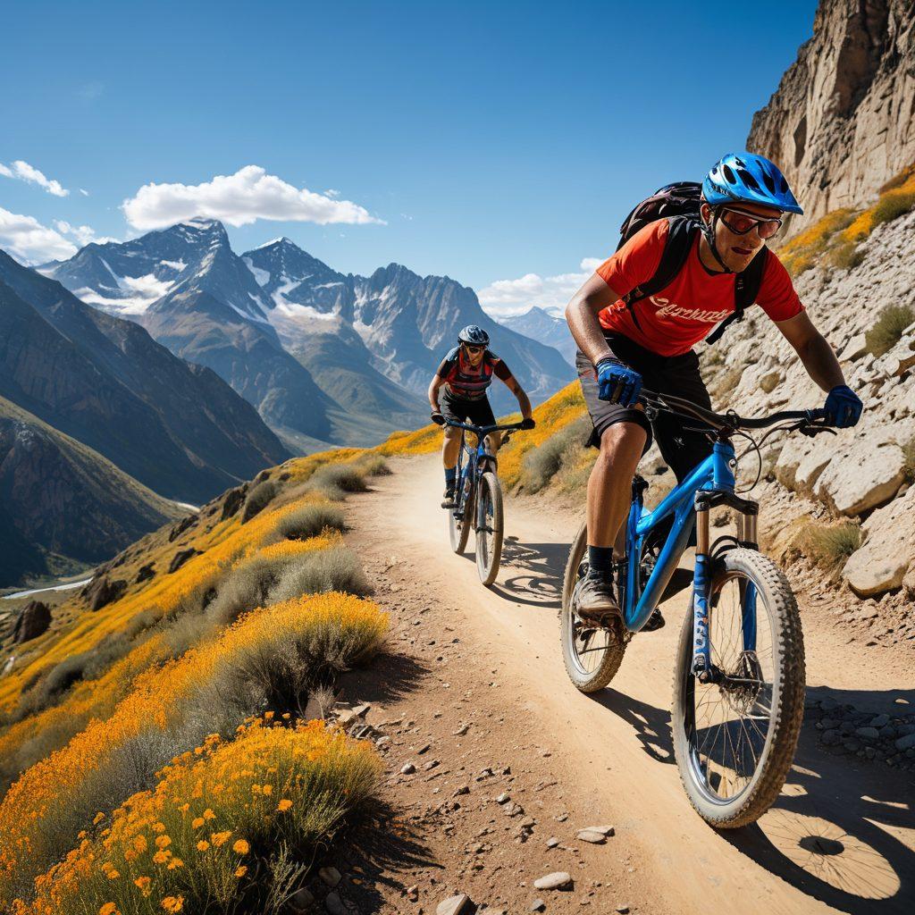 A dynamic scene of diverse cyclists riding extreme bikes on a rugged mountain trail, showcasing vibrant landscapes and adrenaline-filled action. Include a variety of bike styles, such as BMX and mountain bikes, against a backdrop of dramatic peaks and a bright blue sky. Capture the essence of freedom and adventure, with riders wearing colorful gear, expressive faces, and a sense of camaraderie. super-realistic. vibrant colors. cinematic perspective.
